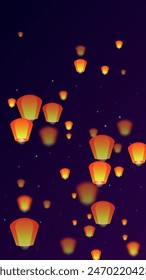 Sky lanterns floating in the night sky. Thailand holiday with paper lantern lights flying in the night sky. Sky lantern festival celebration. Vector illustration on purple gradient background.