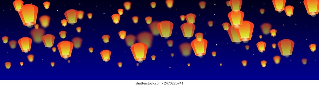 Sky lanterns floating in the night sky. Thailand holiday with paper lantern lights flying in the night sky. Sky lantern festival celebration. Vector illustration on dark blue background.