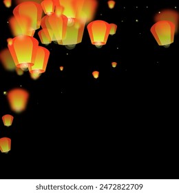 Sky lanterns floating in the night sky. Thailand holiday with paper lantern lights flying in the night sky. Sky lantern festival celebration. Vector illustration on black background.