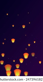 Sky lanterns floating in the night sky. Thailand holiday with paper lantern lights flying in the night sky. Sky lantern festival celebration. Vector illustration on purple gradient background.