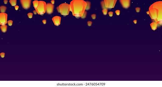 Sky lanterns floating in the night sky. Thailand holiday with paper lantern lights flying in the night sky. Sky lantern festival celebration. Vector illustration on purple gradient background.