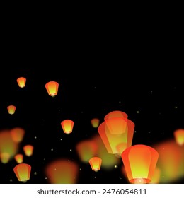 Sky lanterns floating in the night sky. Thailand holiday with paper lantern lights flying in the night sky. Sky lantern festival celebration. Vector illustration on black background.
