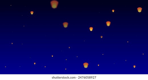 Sky lanterns floating in the night sky. Thailand holiday with paper lantern lights flying in the night sky. Sky lantern festival celebration. Vector illustration on dark blue background.