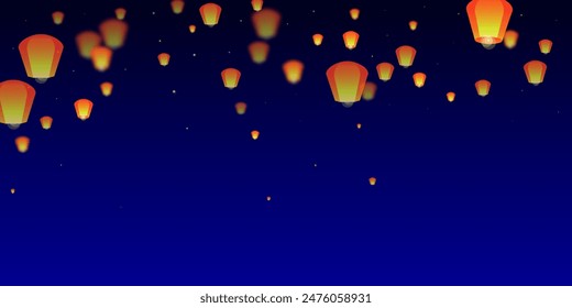 Sky lanterns floating in the night sky. Thailand holiday with paper lantern lights flying in the night sky. Sky lantern festival celebration. Vector illustration on dark blue background.