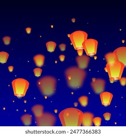 Sky lanterns floating in the night sky. Thailand holiday with paper lantern lights flying in the night sky. Sky lantern festival celebration. Vector illustration on dark blue background.