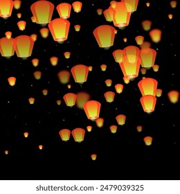 Sky lanterns floating in the night sky. Thailand holiday with paper lantern lights flying in the night sky. Sky lantern festival celebration. Vector illustration on black background.