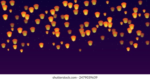 Sky lanterns floating in the night sky. Thailand holiday with paper lantern lights flying in the night sky. Sky lantern festival celebration. Vector illustration on purple gradient background.