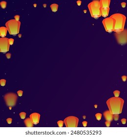 Sky lanterns floating in the night sky. Thailand holiday with paper lantern lights flying in the night sky. Sky lantern festival celebration. Vector illustration on purple gradient background.