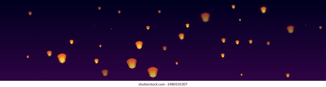 Sky lanterns floating in the night sky. Thailand holiday with paper lantern lights flying in the night sky. Sky lantern festival celebration. Vector illustration on purple gradient background.