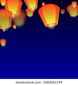Sky lanterns floating in the night sky. Thailand holiday with paper lantern lights flying in the night sky. Sky lantern festival celebration. Vector illustration on dark blue background.