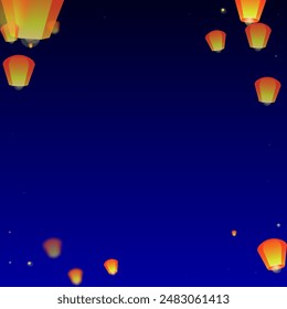 Sky lanterns floating in the night sky. Thailand holiday with paper lantern lights flying in the night sky. Sky lantern festival celebration. Vector illustration on dark blue background.