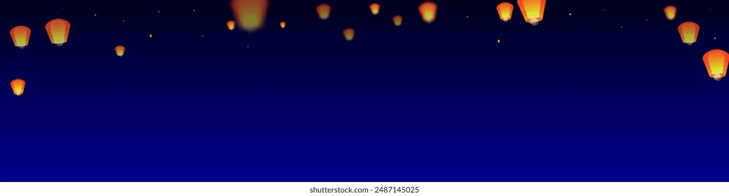 Sky lanterns floating in the night sky. Thailand holiday with paper lantern lights flying in the night sky. Sky lantern festival celebration. Vector illustration on dark blue background.