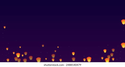 Sky lanterns floating in the night sky. Thailand holiday with paper lantern lights flying in the night sky. Sky lantern festival celebration. Vector illustration on purple gradient background.