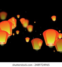 Sky lanterns floating in the night sky. Thailand holiday with paper lantern lights flying in the night sky. Sky lantern festival celebration. Vector illustration on black background.