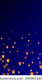 Sky lanterns floating in the night sky. Thailand holiday with paper lantern lights flying in the night sky. Sky lantern festival celebration. Vector illustration on dark blue background.