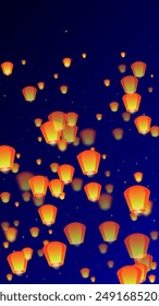 Sky lanterns floating in the night sky. Thailand holiday with paper lantern lights flying in the night sky. Sky lantern festival celebration. Vector illustration on dark blue background.