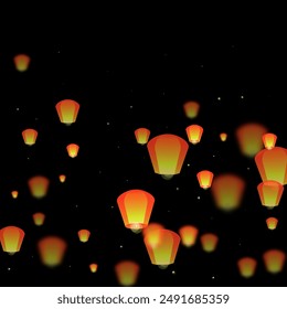 Sky lanterns floating in the night sky. Thailand holiday with paper lantern lights flying in the night sky. Sky lantern festival celebration. Vector illustration on black background.