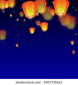 Sky lanterns floating in the night sky. Thailand holiday with paper lantern lights flying in the night sky. Sky lantern festival celebration. Vector illustration on dark blue background.