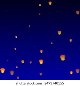 Sky lanterns floating in the night sky. Thailand holiday with paper lantern lights flying in the night sky. Sky lantern festival celebration. Vector illustration on dark blue background.