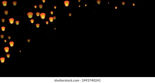 Sky lanterns floating in the night sky. Thailand holiday with paper lantern lights flying in the night sky. Sky lantern festival celebration. Vector illustration on black background.