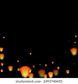 Sky lanterns floating in the night sky. Thailand holiday with paper lantern lights flying in the night sky. Sky lantern festival celebration. Vector illustration on black background.