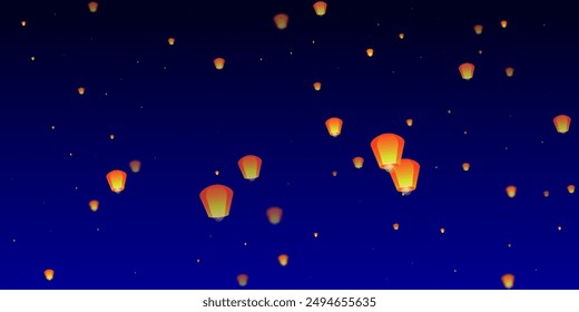 Sky lanterns floating in the night sky. Thailand holiday with paper lantern lights flying in the night sky. Sky lantern festival celebration. Vector illustration on dark blue background.