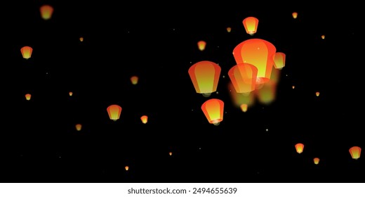 Sky lanterns floating in the night sky. Thailand holiday with paper lantern lights flying in the night sky. Sky lantern festival celebration. Vector illustration on black background.