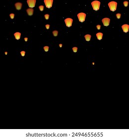 Sky lanterns floating in the night sky. Thailand holiday with paper lantern lights flying in the night sky. Sky lantern festival celebration. Vector illustration on black background.