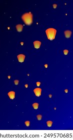 Sky lanterns floating in the night sky. Thailand holiday with paper lantern lights flying in the night sky. Sky lantern festival celebration. Vector illustration on dark blue background.