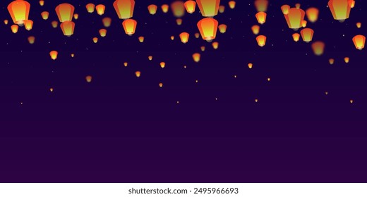 Sky lanterns floating in the night sky. Thailand holiday with paper lantern lights flying in the night sky. Sky lantern festival celebration. Vector illustration on purple gradient background.