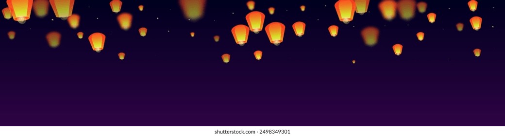 Sky lanterns floating in the night sky. Thailand holiday with paper lantern lights flying in the night sky. Sky lantern festival celebration. Vector illustration on purple gradient background.