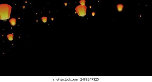 Sky lanterns floating in the night sky. Thailand holiday with paper lantern lights flying in the night sky. Sky lantern festival celebration. Vector illustration on black background.