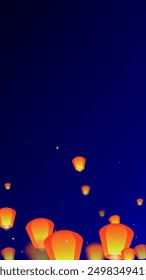 Sky lanterns floating in the night sky. Thailand holiday with paper lantern lights flying in the night sky. Sky lantern festival celebration. Vector illustration on dark blue background.