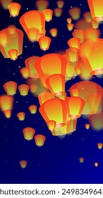 Sky lanterns floating in the night sky. Thailand holiday with paper lantern lights flying in the night sky. Sky lantern festival celebration. Vector illustration on dark blue background.