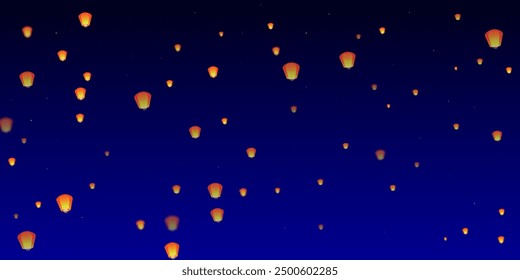 Sky lanterns floating in the night sky. Thailand holiday with paper lantern lights flying in the night sky. Sky lantern festival celebration. Vector illustration on dark blue background.