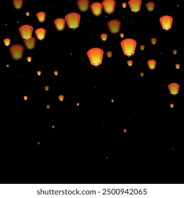 Sky lanterns floating in the night sky. Thailand holiday with paper lantern lights flying in the night sky. Sky lantern festival celebration. Vector illustration on black background.