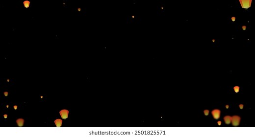 Sky lanterns floating in the night sky. Thailand holiday with paper lantern lights flying in the night sky. Sky lantern festival celebration. Vector illustration on black background.