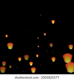 Sky lanterns floating in the night sky. Thailand holiday with paper lantern lights flying in the night sky. Sky lantern festival celebration. Vector illustration on black background.