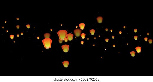 Sky lanterns floating in the night sky. Thailand holiday with paper lantern lights flying in the night sky. Sky lantern festival celebration. Vector illustration on black background.