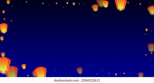 Sky lanterns floating in the night sky. Thailand holiday with paper lantern lights flying in the night sky. Sky lantern festival celebration. Vector illustration on dark blue background.