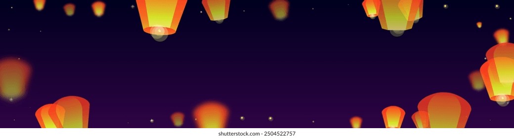 Sky lanterns floating in the night sky. Thailand holiday with paper lantern lights flying in the night sky. Sky lantern festival celebration. Vector illustration on purple gradient background.