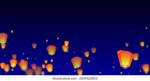 Sky lanterns floating in the night sky. Thailand holiday with paper lantern lights flying in the night sky. Sky lantern festival celebration. Vector illustration on dark blue background.