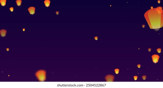 Sky lanterns floating in the night sky. Thailand holiday with paper lantern lights flying in the night sky. Sky lantern festival celebration. Vector illustration on purple gradient background.