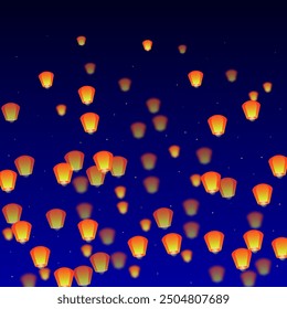 Sky lanterns floating in the night sky. Thailand holiday with paper lantern lights flying in the night sky. Sky lantern festival celebration. Vector illustration on dark blue background.