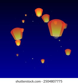 Sky lanterns floating in the night sky. Thailand holiday with paper lantern lights flying in the night sky. Sky lantern festival celebration. Vector illustration on dark blue background.