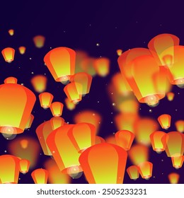 Sky lanterns floating in the night sky. Thailand holiday with paper lantern lights flying in the night sky. Sky lantern festival celebration. Vector illustration on purple gradient background.