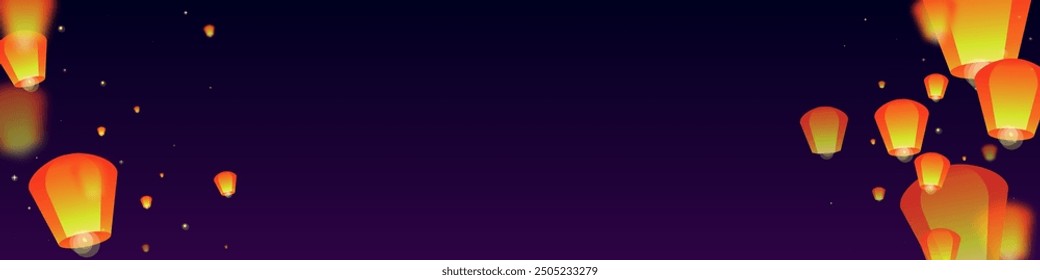 Sky lanterns floating in the night sky. Thailand holiday with paper lantern lights flying in the night sky. Sky lantern festival celebration. Vector illustration on purple gradient background.