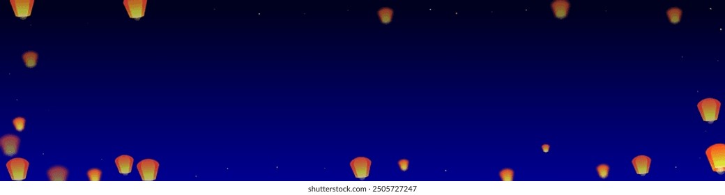 Sky lanterns floating in the night sky. Thailand holiday with paper lantern lights flying in the night sky. Sky lantern festival celebration. Vector illustration on dark blue background.