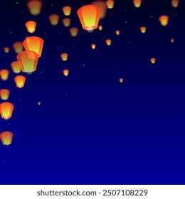 Sky lanterns floating in the night sky. Thailand holiday with paper lantern lights flying in the night sky. Sky lantern festival celebration. Vector illustration on dark blue background.