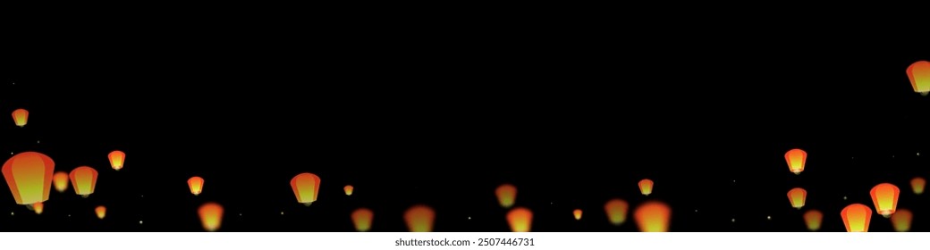 Sky lanterns floating in the night sky. Thailand holiday with paper lantern lights flying in the night sky. Sky lantern festival celebration. Vector illustration on black background.